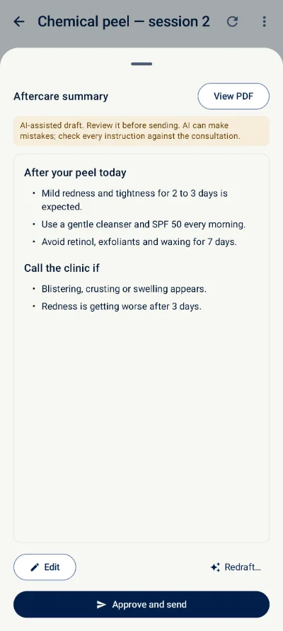 Claro on Android: the patient's aftercare from the same consult, ready to approve and send.
