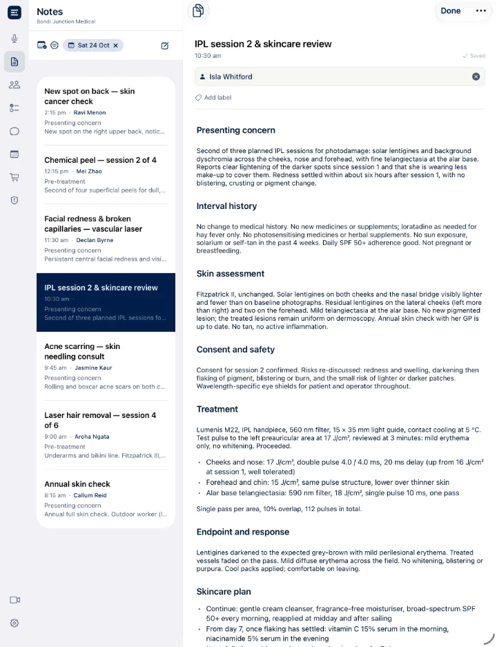 Claro on iPad: the day's notes beside an open note.