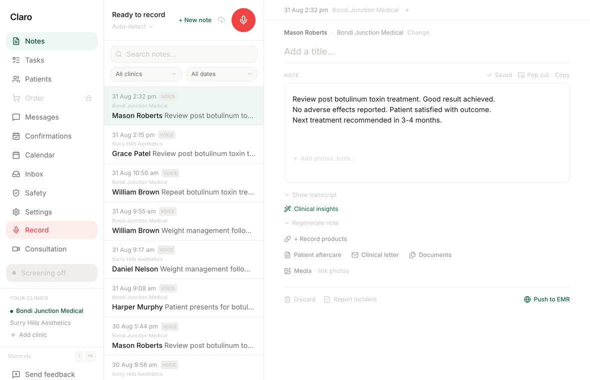 The Claro web app: a consult note open beside the clinic's note list.
